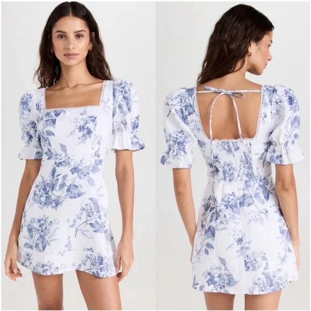 Reformation Evianna Linen Dress Blue Floral Size 12 NWOT